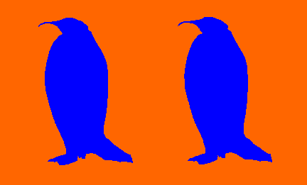 Two blue penguins on an orange background. 
