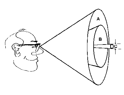 A man with three cones in front of his eyes indicating the visual field. 